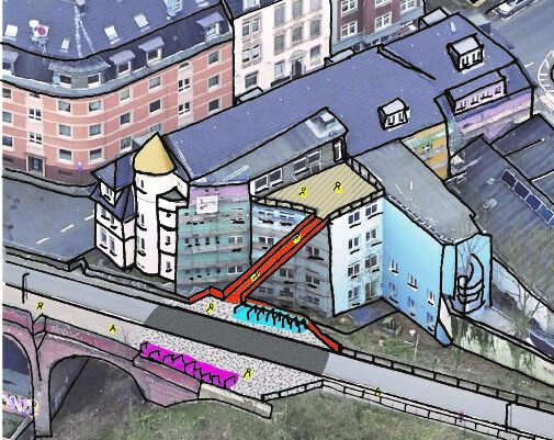 Ideenskizze Verbindungsbrücke Nordbahntrasse - Familienhaus Ost (FamOs)